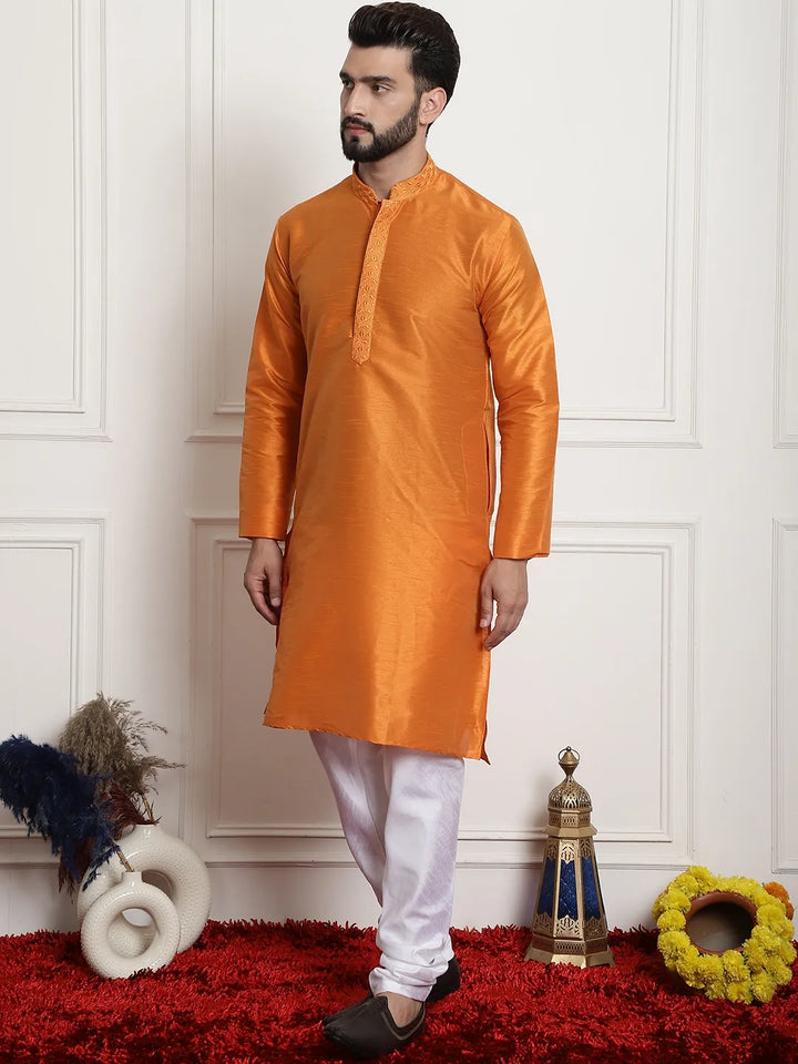 Tangerine Elegance Solid Plain Embroidered Kurta Pyjama Set for Men – Radiate Style in Captivating Orange Hues