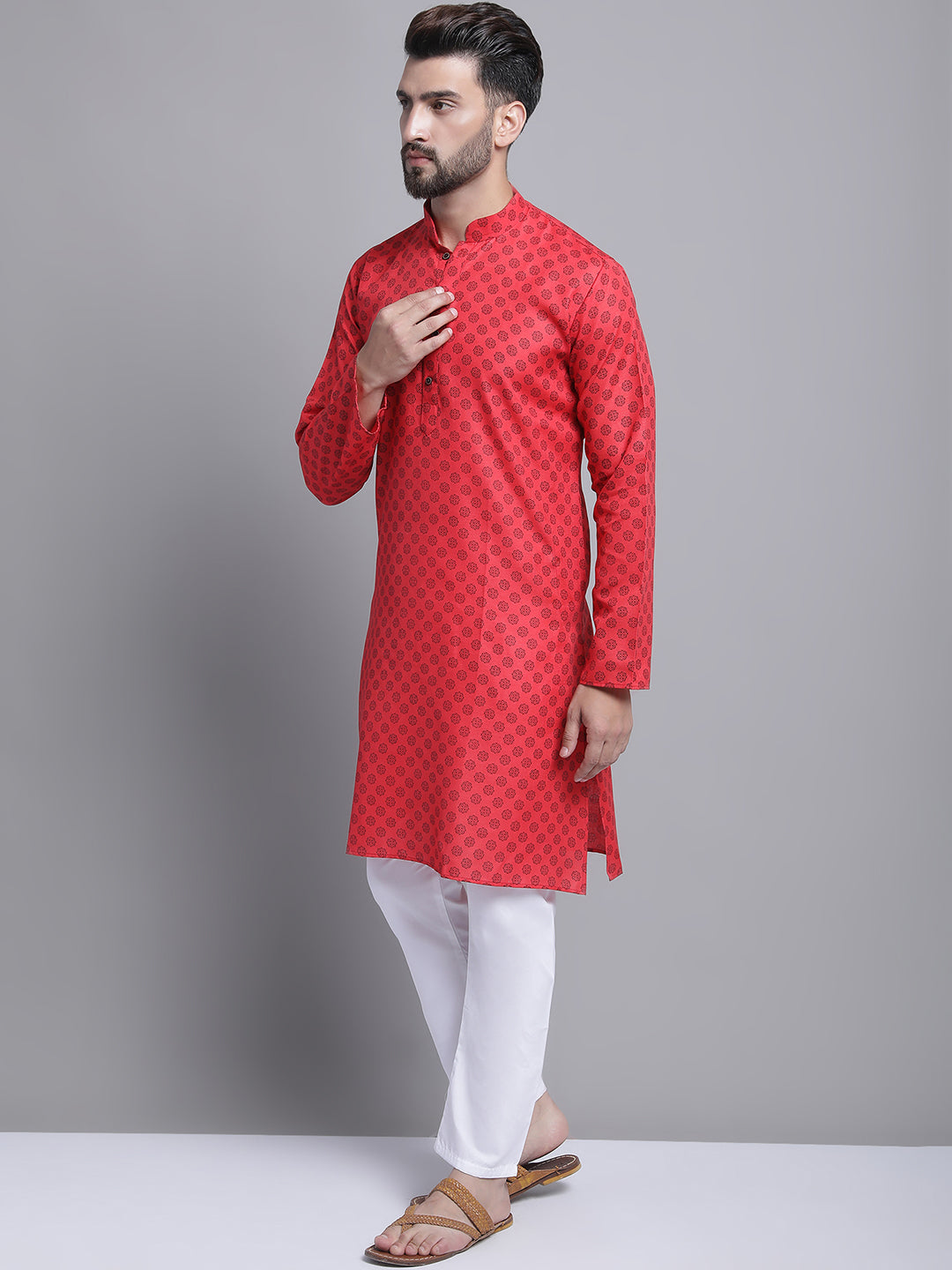 Men's Blend Cotton Printed Regular Red Kurta With Pajamas.