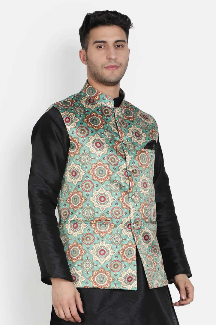 Green Elegance Discover Style with Our Printed Bandi Jacket for Men