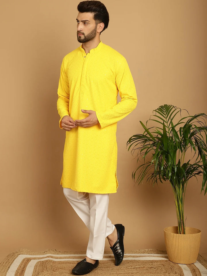 Men's Radiant Elegance: Yellow Rayon Sequence Kurta for a Vibrant Statement