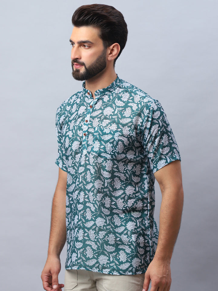 Green & White Floral Printed Cotton Half Sleeves Kurta for Men