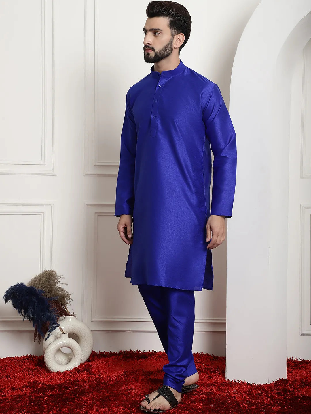 Regal Splendor Royal Blue Silk Dupion Kurta and Churidar Set - Timeless Elegance for Men