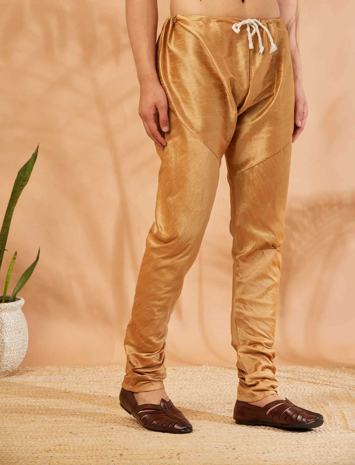 Gilded Glamour Golden Dupion Silk Churidar Pyjama for Men - Opulent Style, Timeless Sophistication