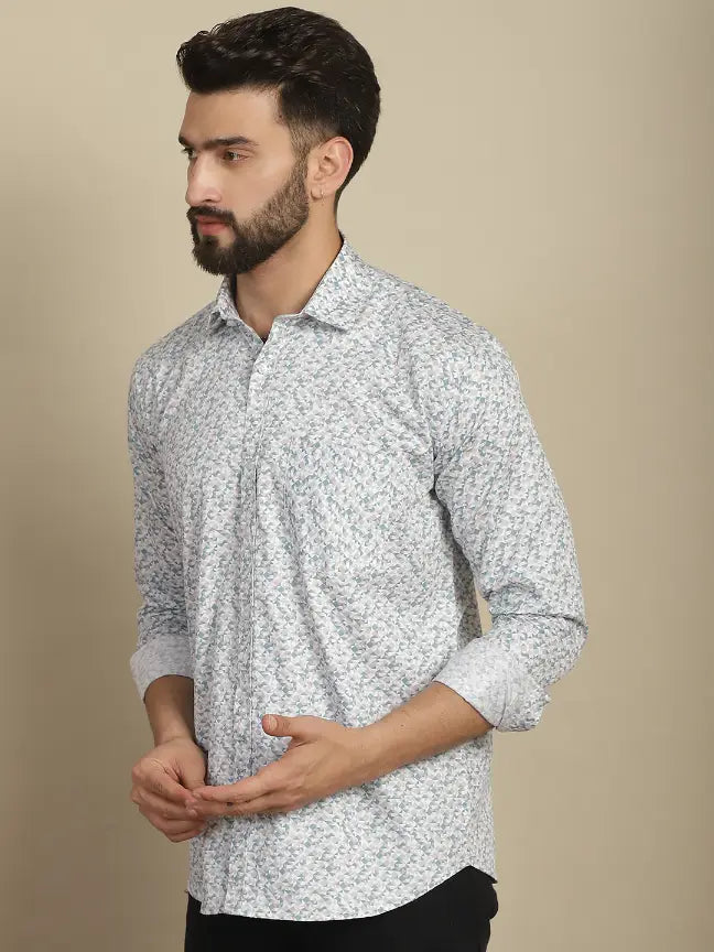 Satin White Pure Cotton Abstract Printed Casual Shirt for Men