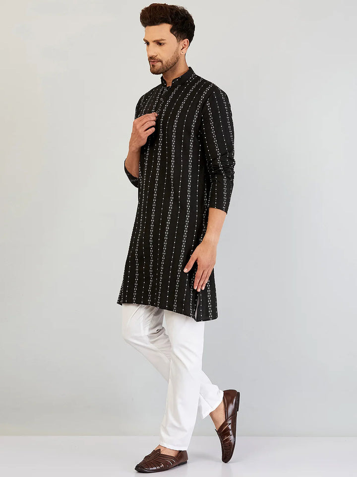 Men's Black Self Design Cotton Kurta Pajama Set