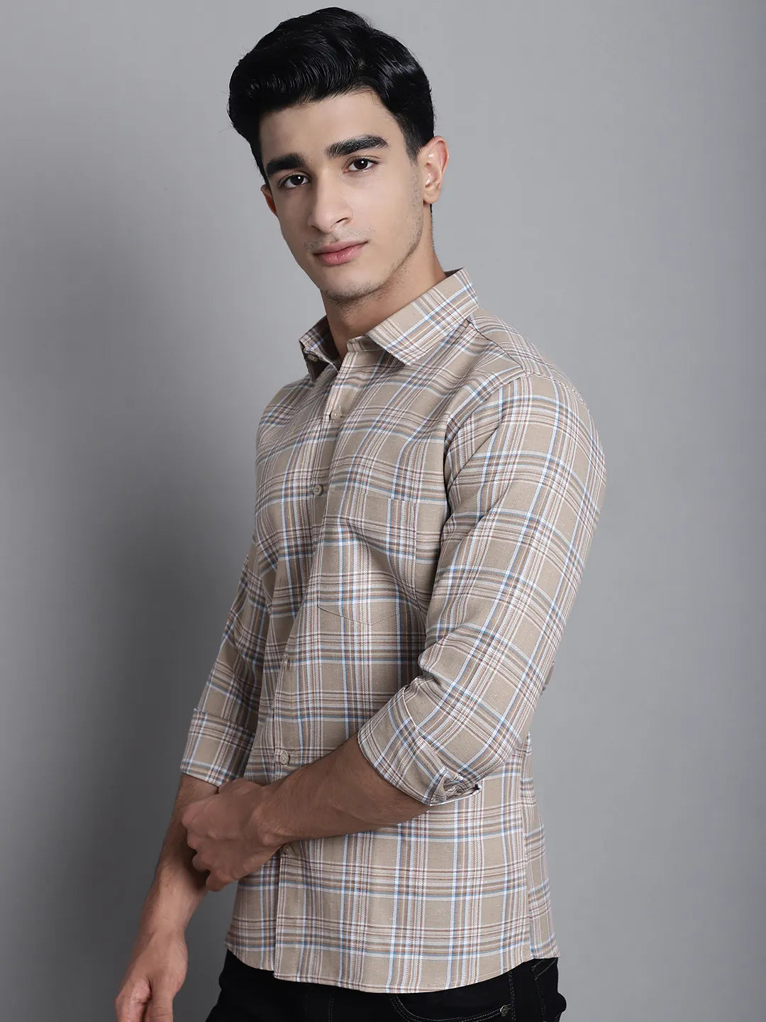 Understated Elegance Men's Beige Check Cotton Shirt – A Blend of Classic Style and Comfort