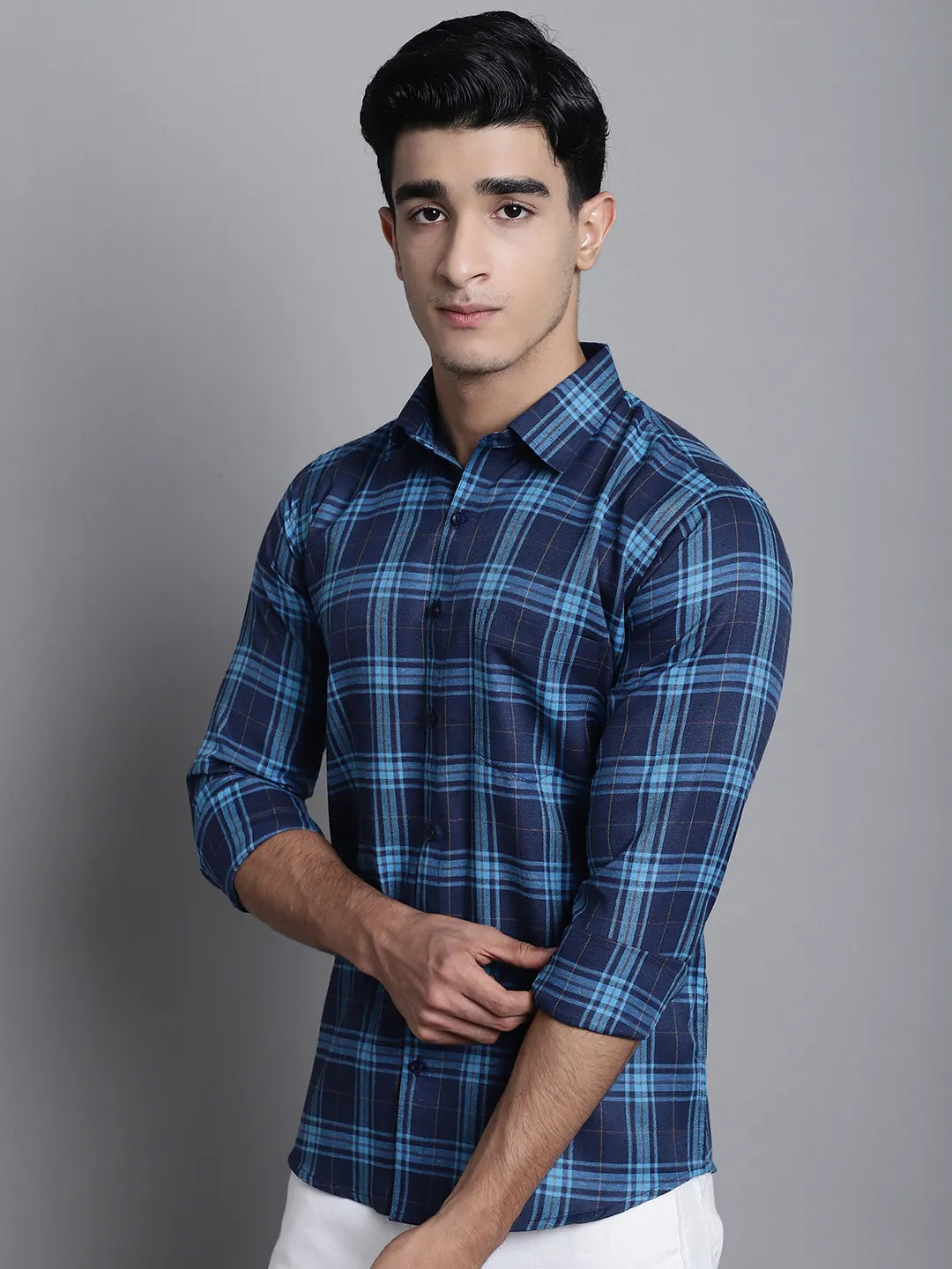 Nautical Chic Men's Navy Blue Check Casual Cotton Shirt – Timeless Checks, Contemporary Comfort