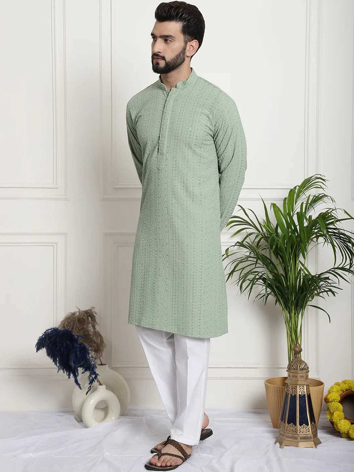 Men's Pista Chikankari Embroidered & Sequence Kurta Pant Set