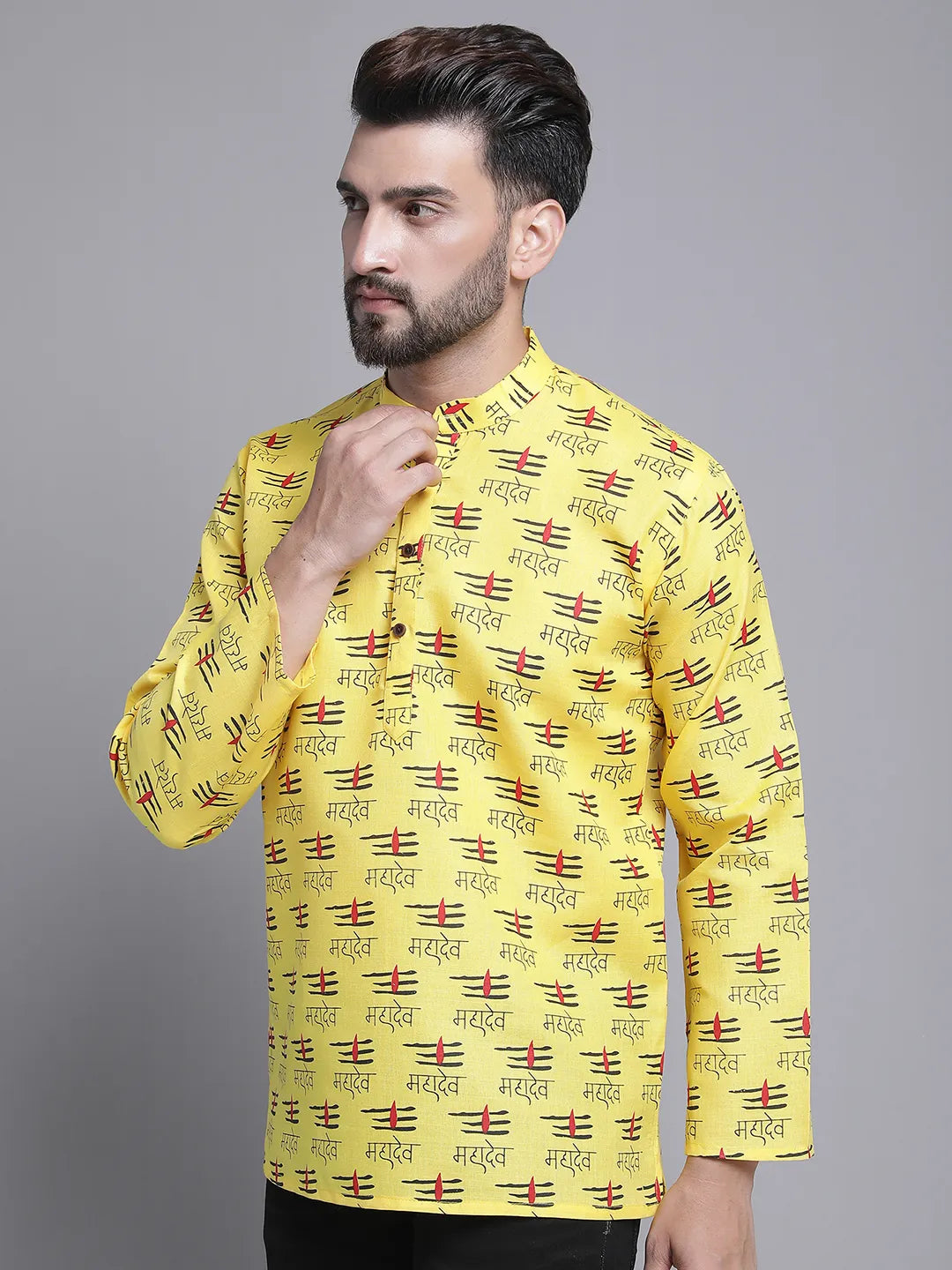 Yellow Mahadev Design Short Kurta for Men