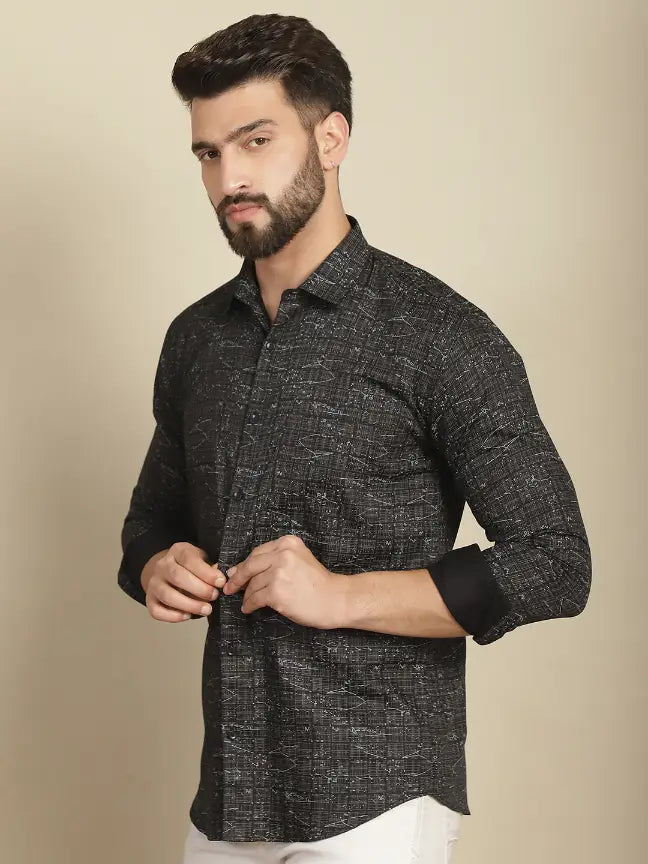 Black Pure Cotton Printed Partywear Shirt for Men