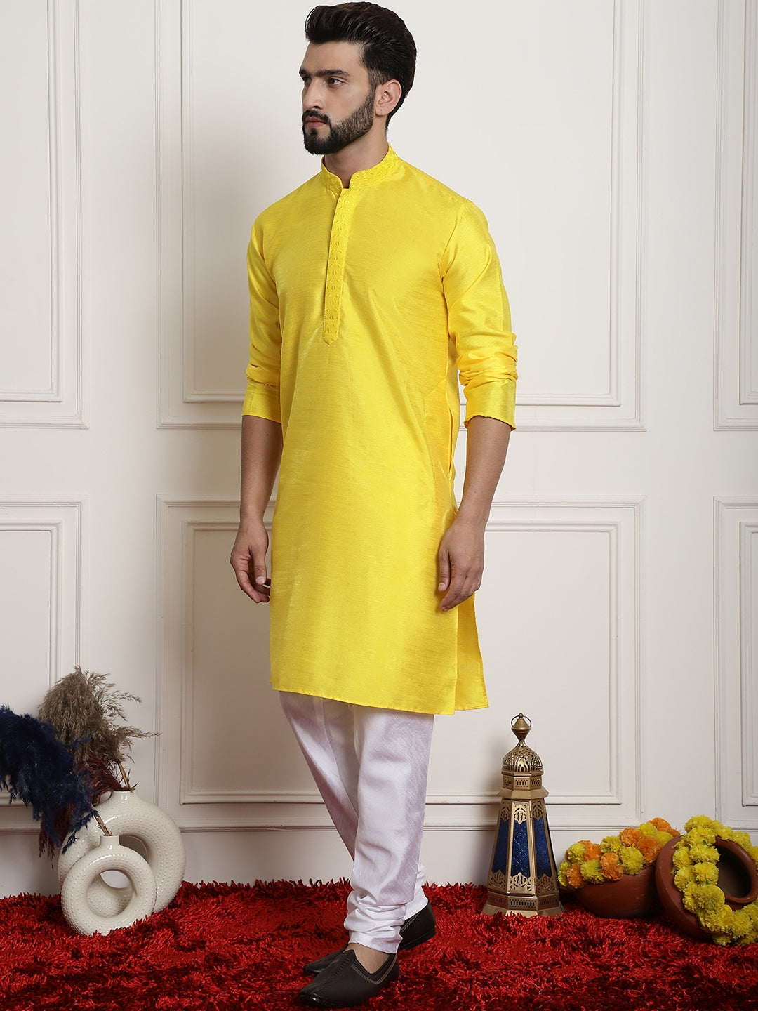 Yellow Solid Embroidered Kurta Churidar Pyjama Set for Men