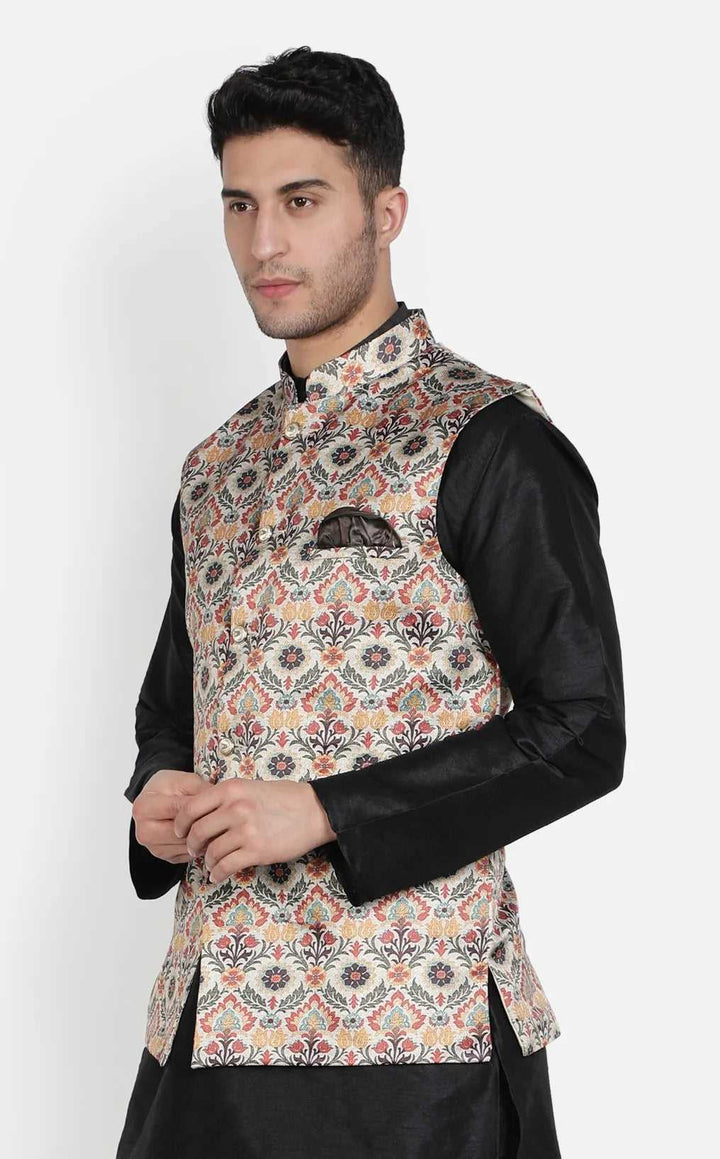 Harmony in Contrast Black and Green Flower Print Nehru Jacket for Men