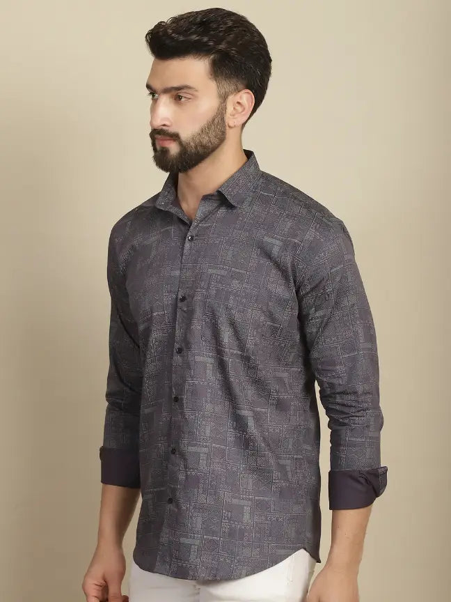 Grey Pure Cotton Printed Partywear Shirt for Men