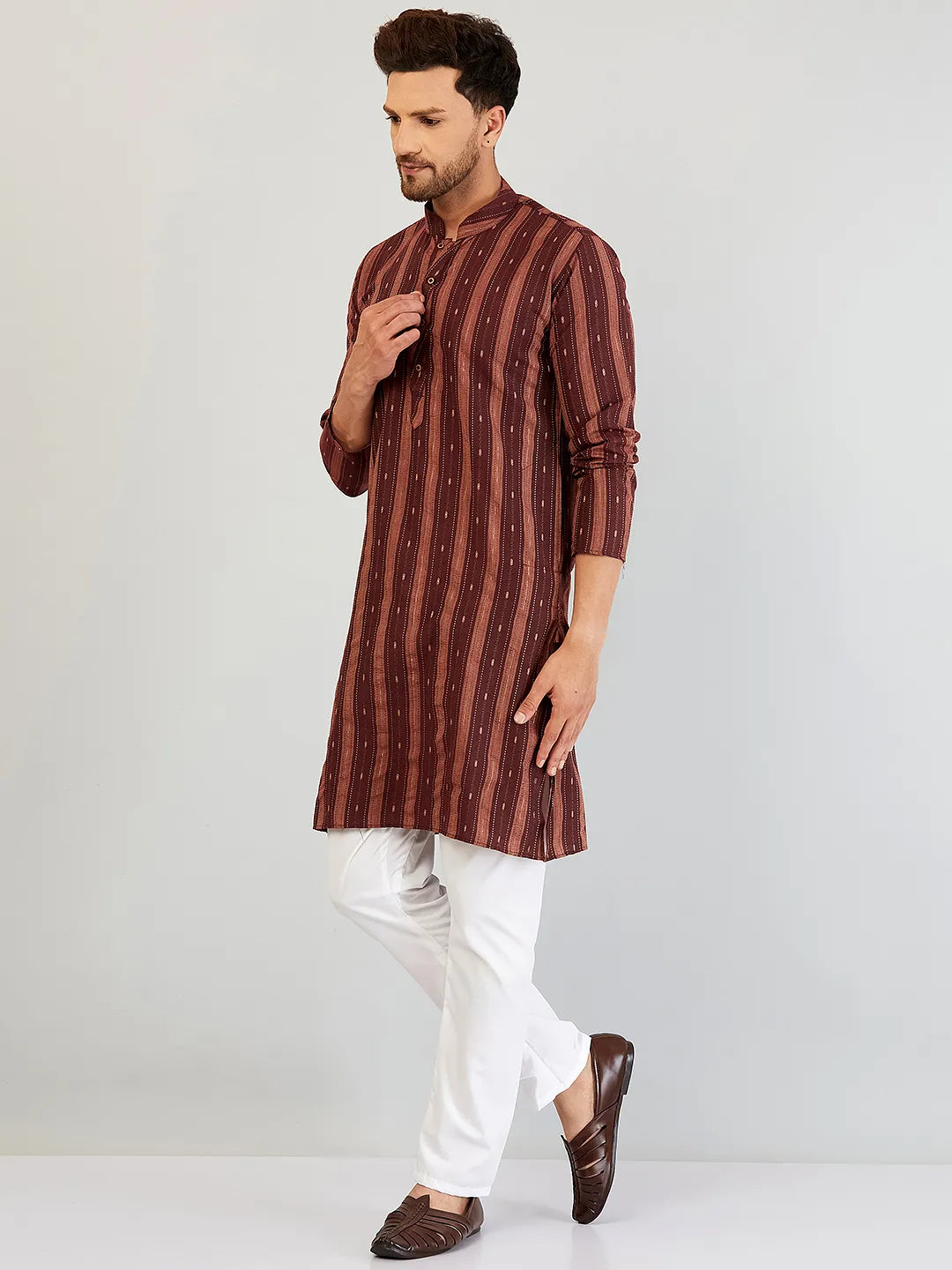 Radiant Red Self Design Cotton Kurta Pyjama Set for Men – Elevate Your Style with Timeless Elegance