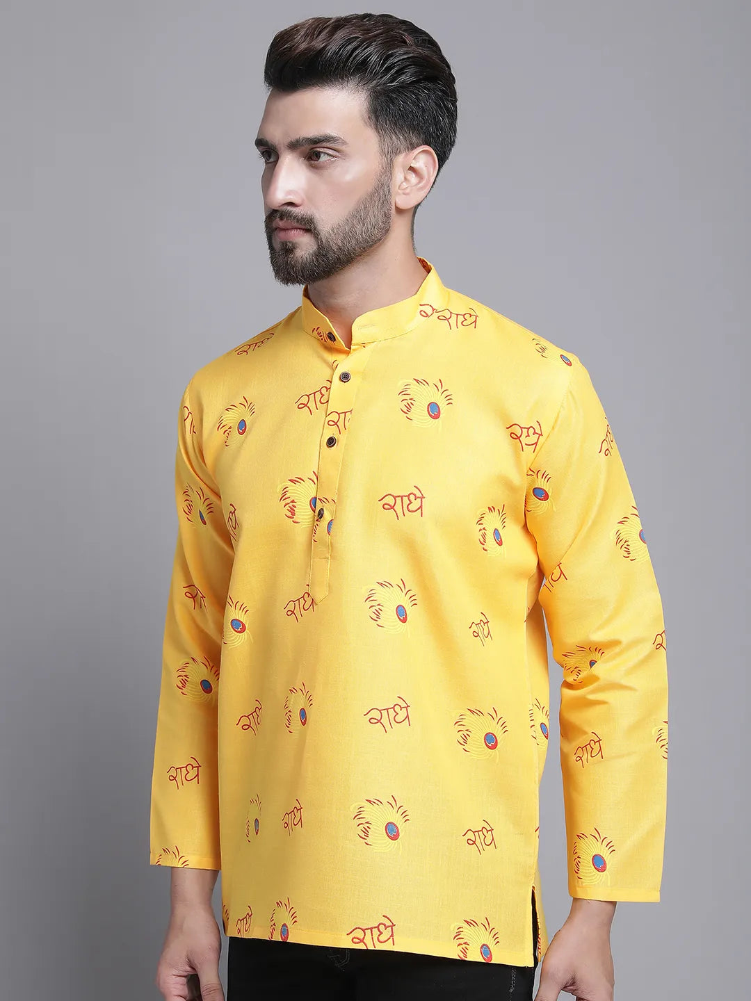 Yellow Radhe Radhe Design Short Kurta for Men