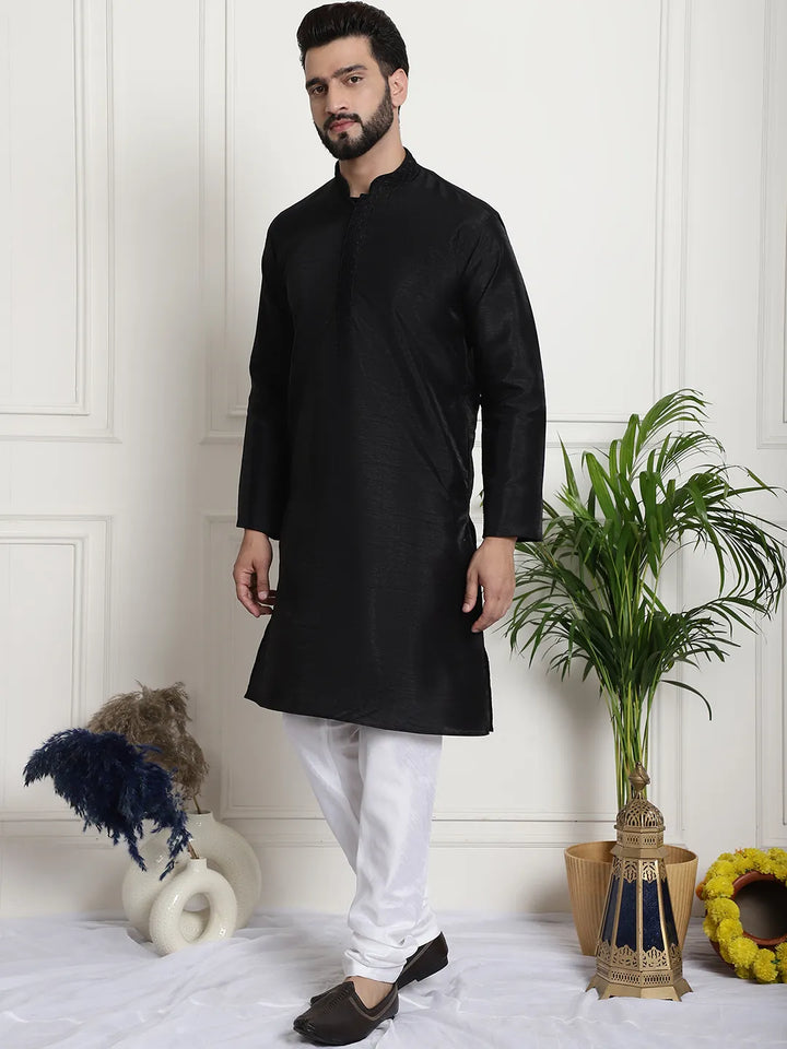 Timeless Chic Black Solid Plain Embroidered Kurta Pyjama Set for Men – Effortless Elegance in Classic Black