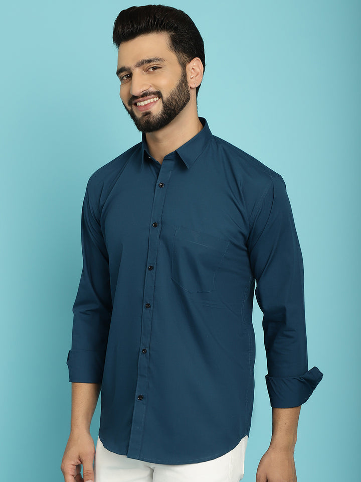 Men's Discover Effortless Elegance with Our Peacock Blue Casual Shirt