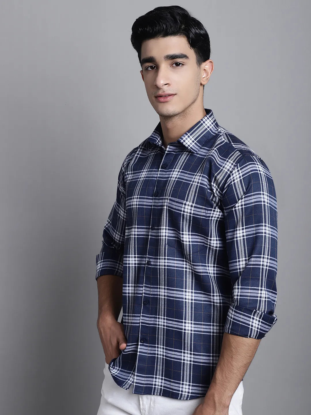 Men's Dark Blue Check Casual Cotton Shirt