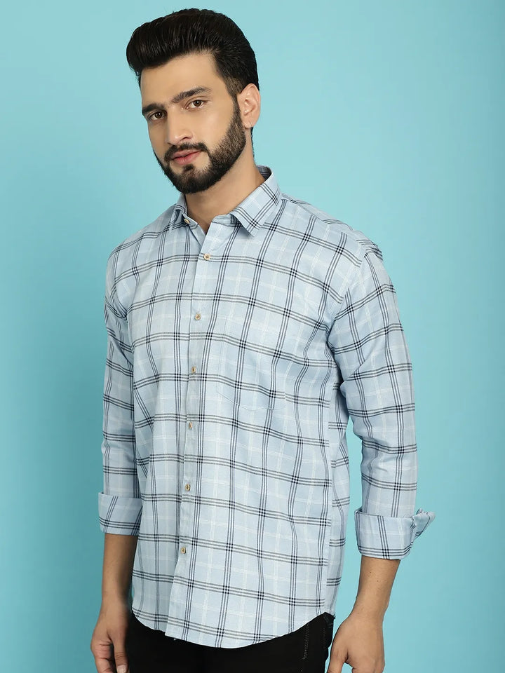 Sky Blue Sophistication Check Cotton Shirt for Men – Elevate Your Style with Timeless Charm