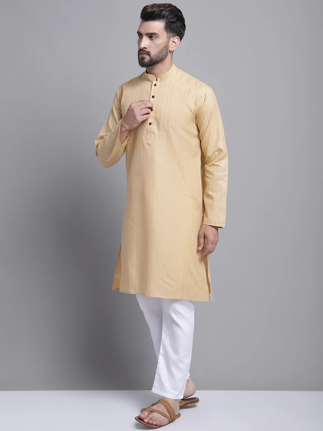 Men's Lining Cotton Regular Beige Kurta With Pyjamas.