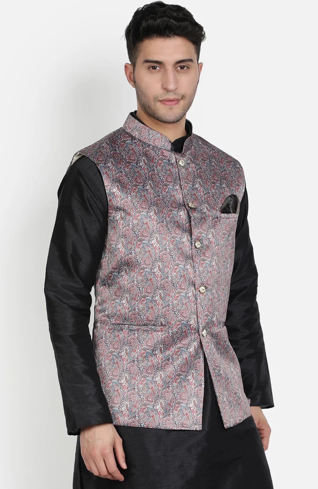 Grey Printed Nehru Jacket for Men