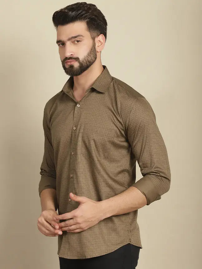 Brown Pure Cotton Checked Casual Shirt for Men