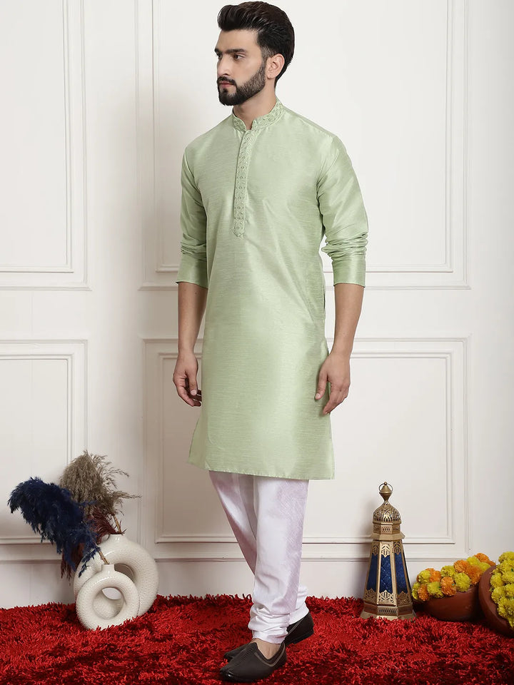 Solid Plain Embroidered Kurta Pyjama Set for Men – A Sartorial Symphony in Sublime Green