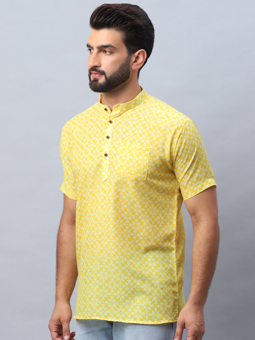 Yellow Floral Print Short Kurta for Men