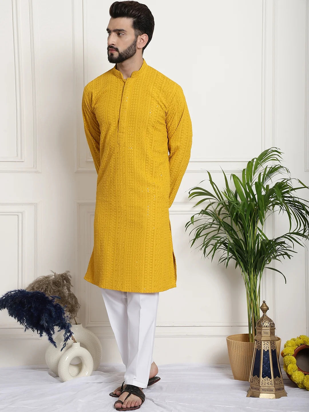 Men's Yellow Chikankari Embroidered & Sequence Kurta Pant Set