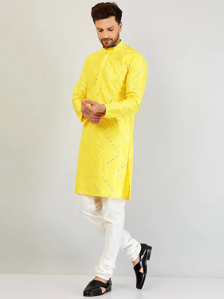 Sunny Radiance Yellow Mirror Work Kurta and Churidar Set for Men - Illuminate Every Occasion with Style