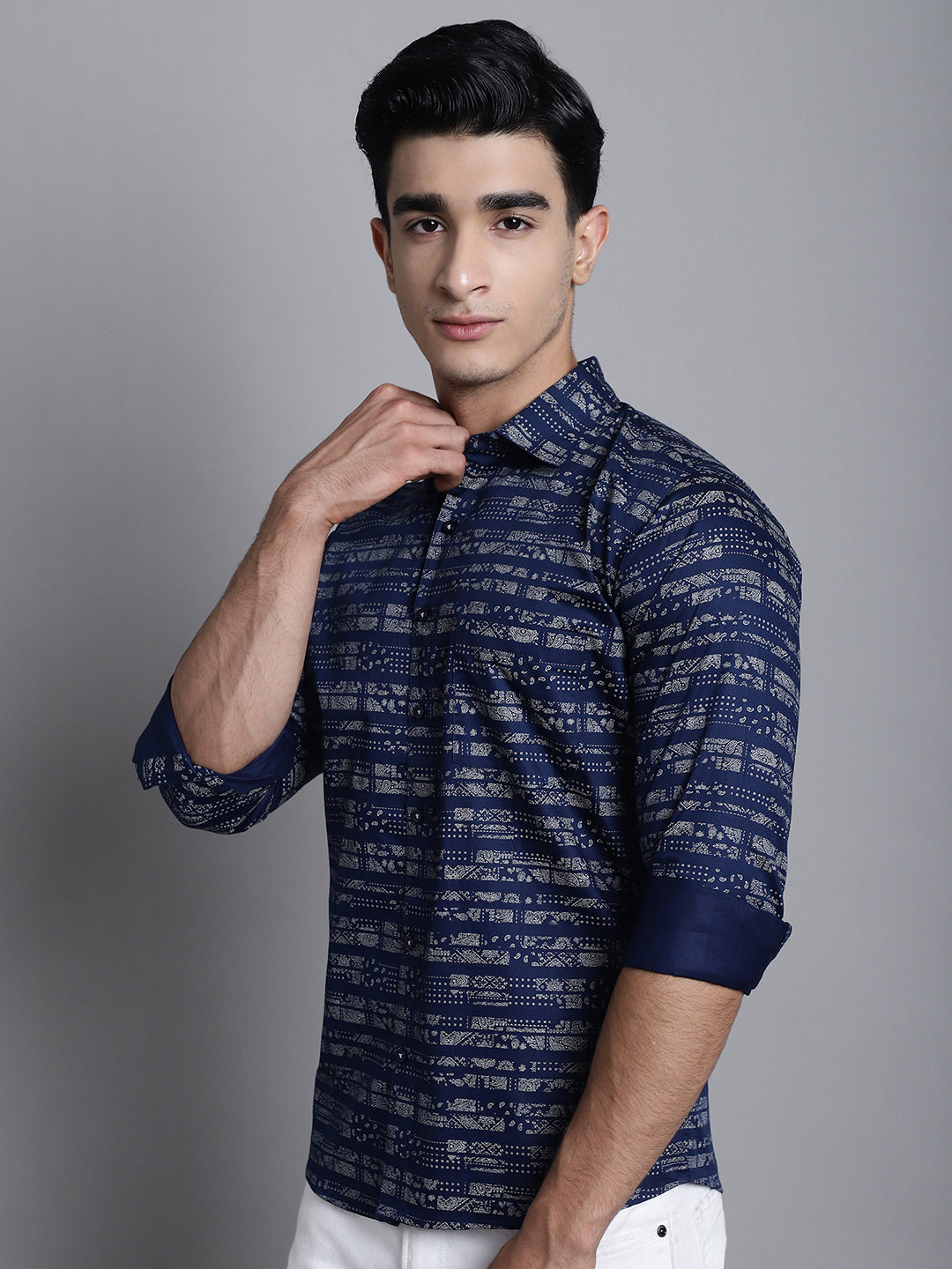 Understated Luxury Dive into Style with Our Dark Blue Printed Shirts for Men