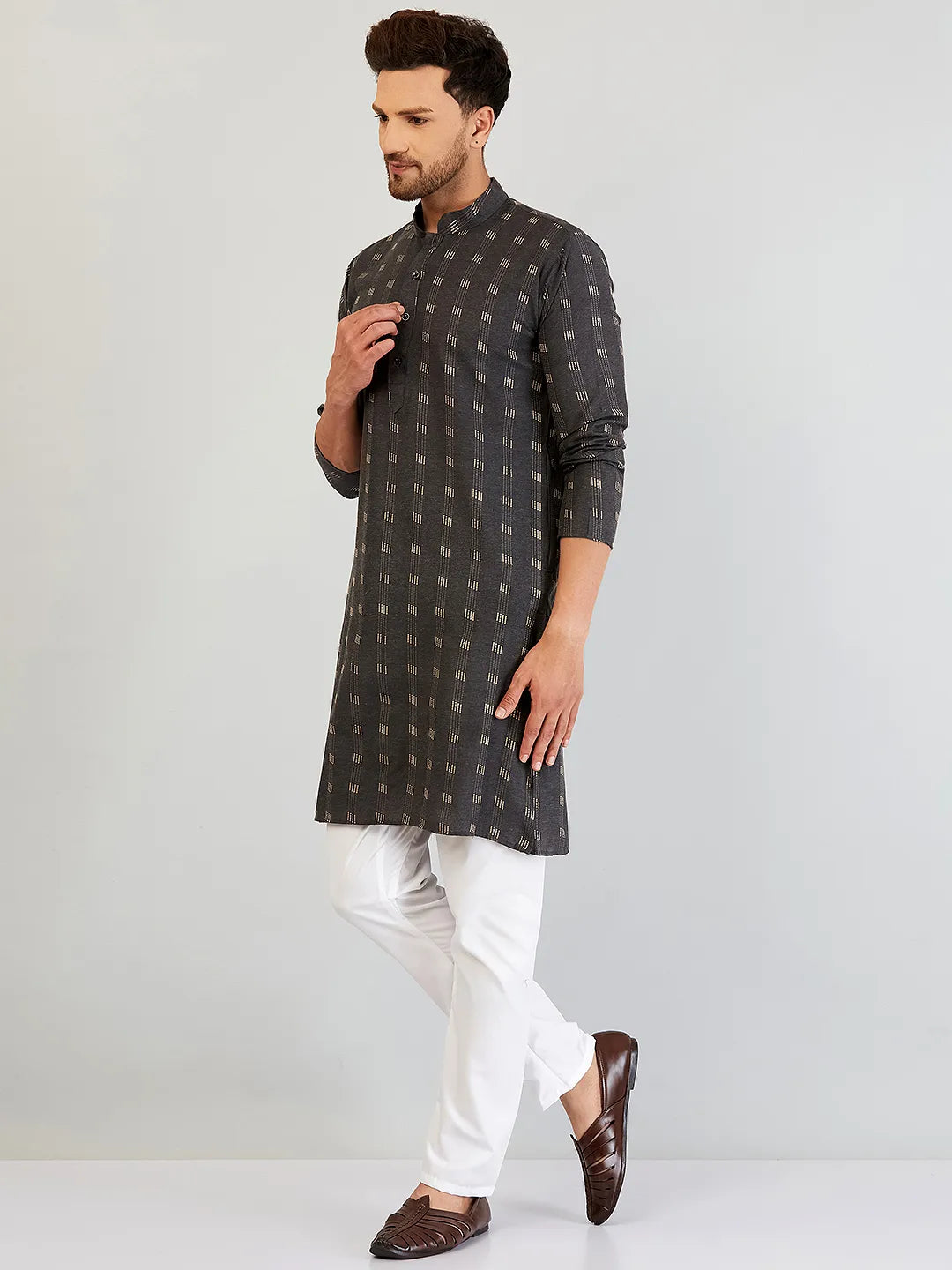 Timeless Grey Elegance Self-Design Cotton Kurta Pyjama Set for Men – Classic Sophistication in Every Thread