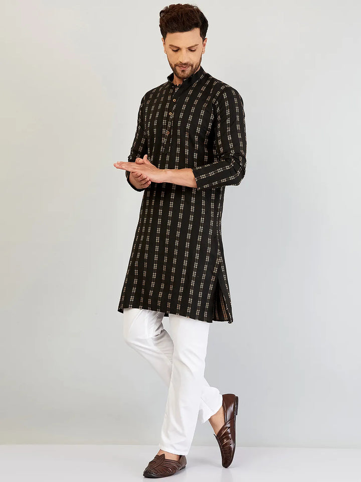 Timeless Appeal Black Self Design Cotton Kurta Pajama Set for Men – Classic Elegance in Every Thread