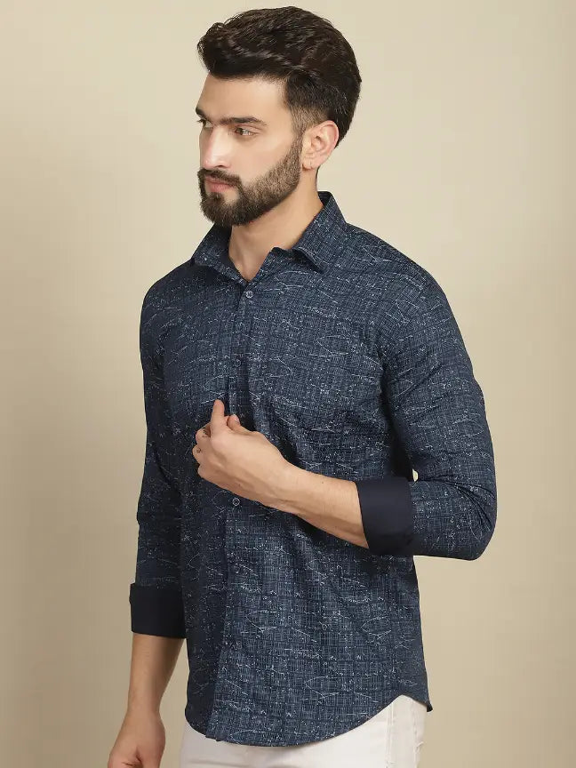 Blue Pure Cotton Printed Partywear Shirt for Men