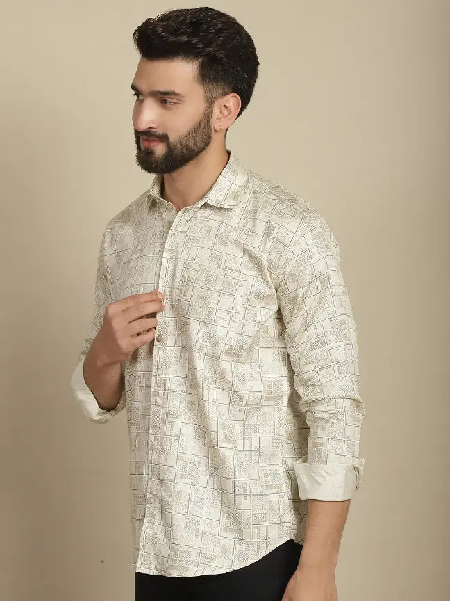 Satin Beige Pure Cotton Abstract Printed Casual Shirt for Men