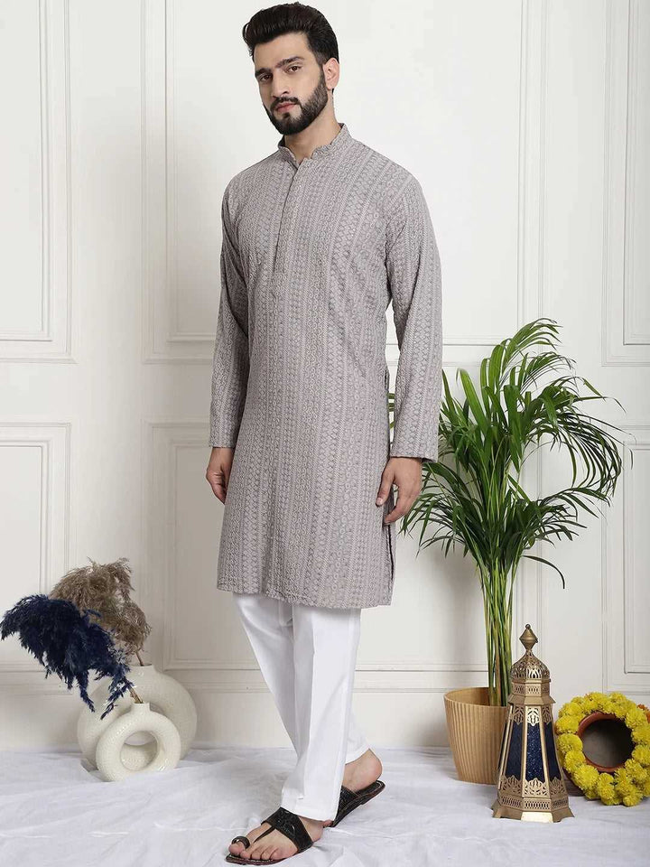 Men's Grey Chikankari Embroidered & Sequence Kurta Pant Set