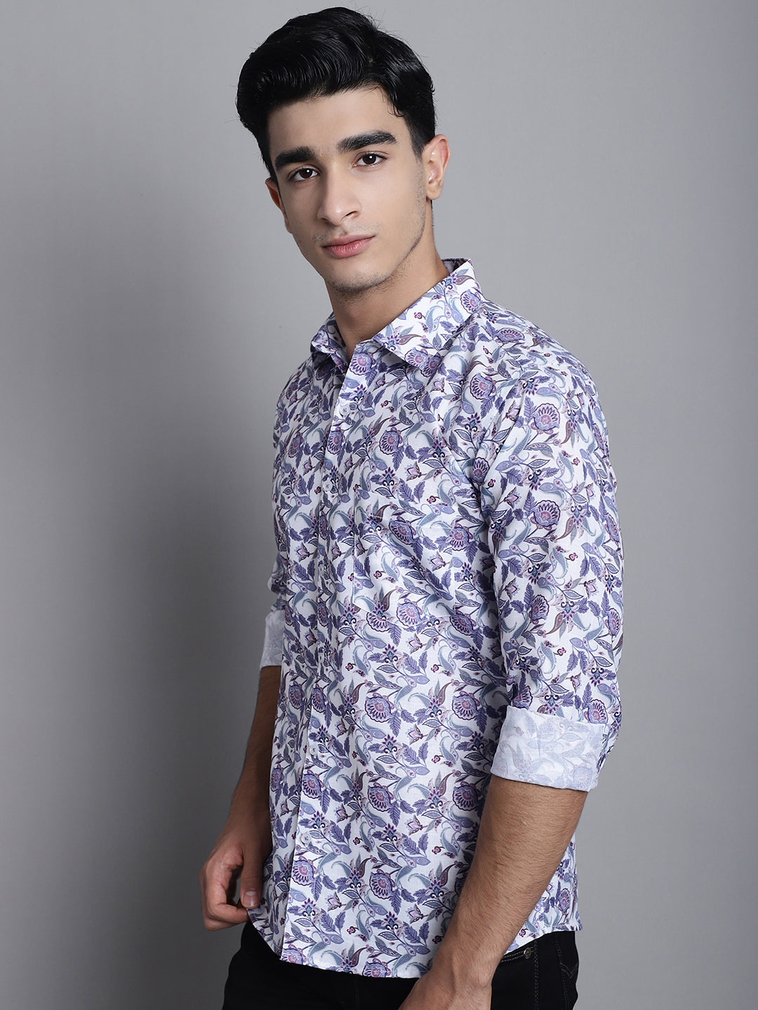 White and Blue Printed Cotton Men's Shirts for Effortless Style