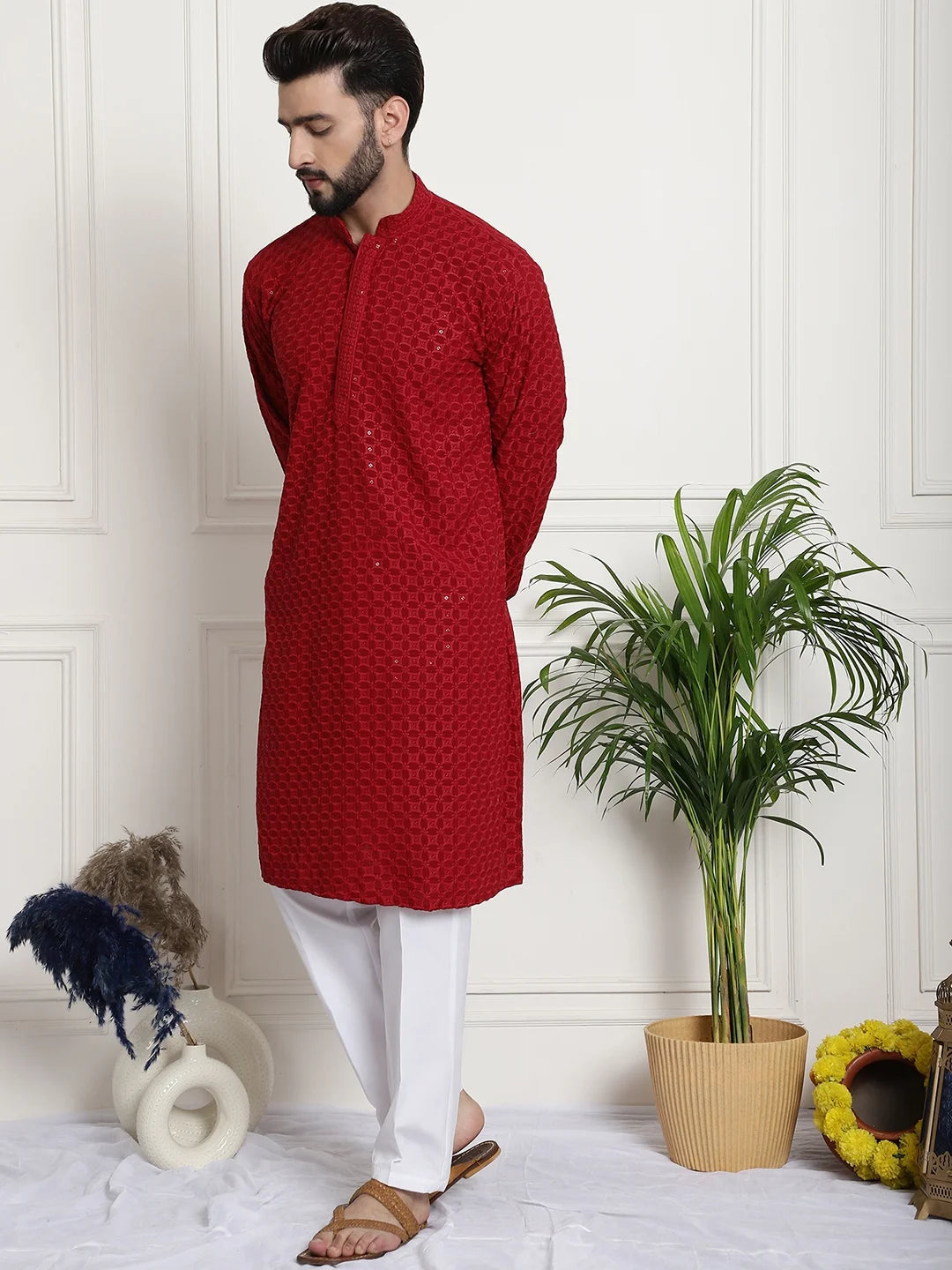 Men's Red Floral Embroidered Thread Work Sequinned Pure Cotton Kurta Pant Set