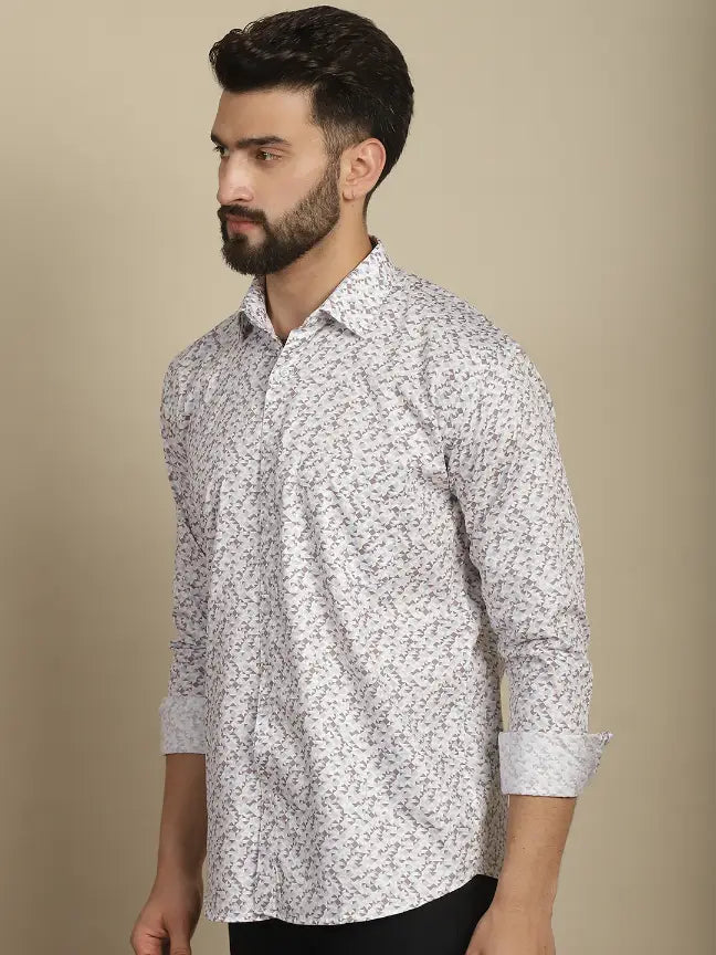 Satin Cream Pure Cotton Abstract Printed Casual Shirt for Men