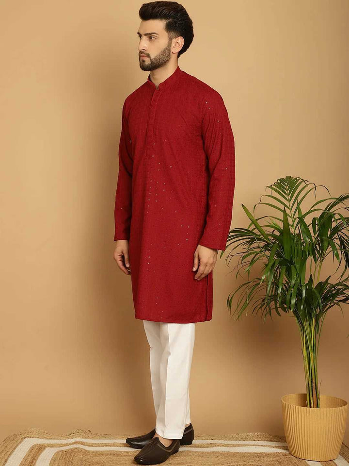 Men's Crimson Charm Red Rayon Sequence Kurta for Timeless Elegance