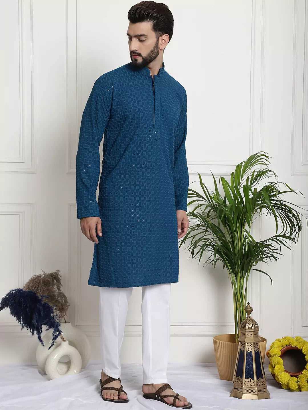 Men's Peacock Blue Cotton Kurta Pant Embrace Cool Comfort and Classic Style