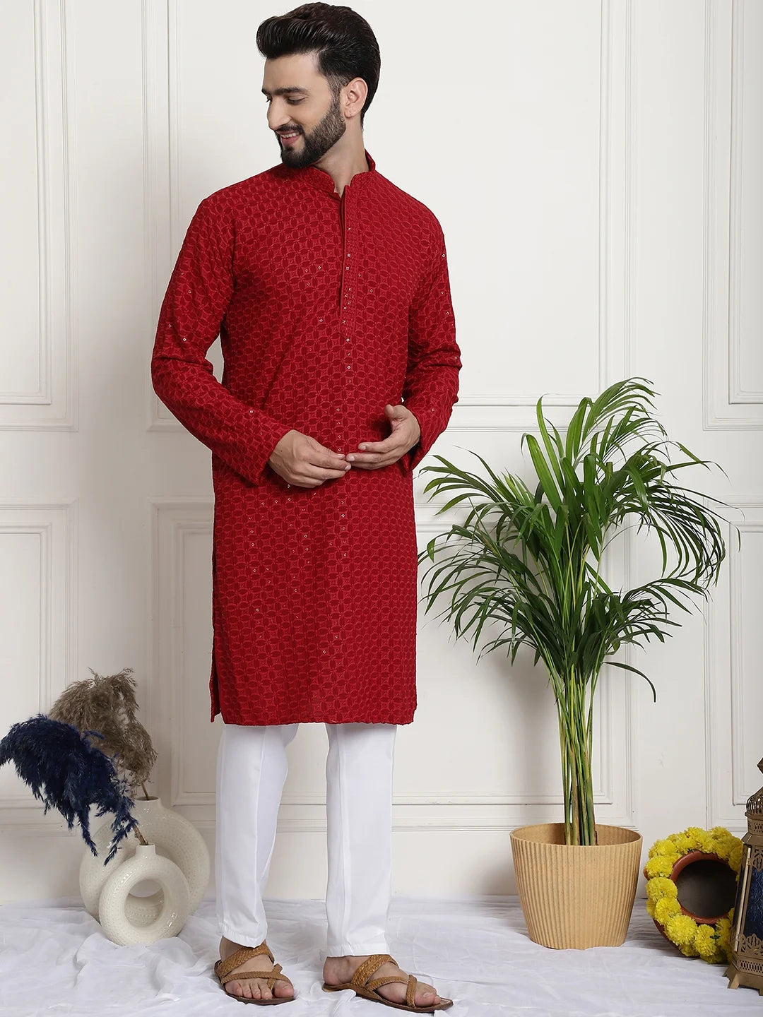 Men's Red Floral Embroidered Thread Work Sequinned Pure Cotton Kurta Pant Set