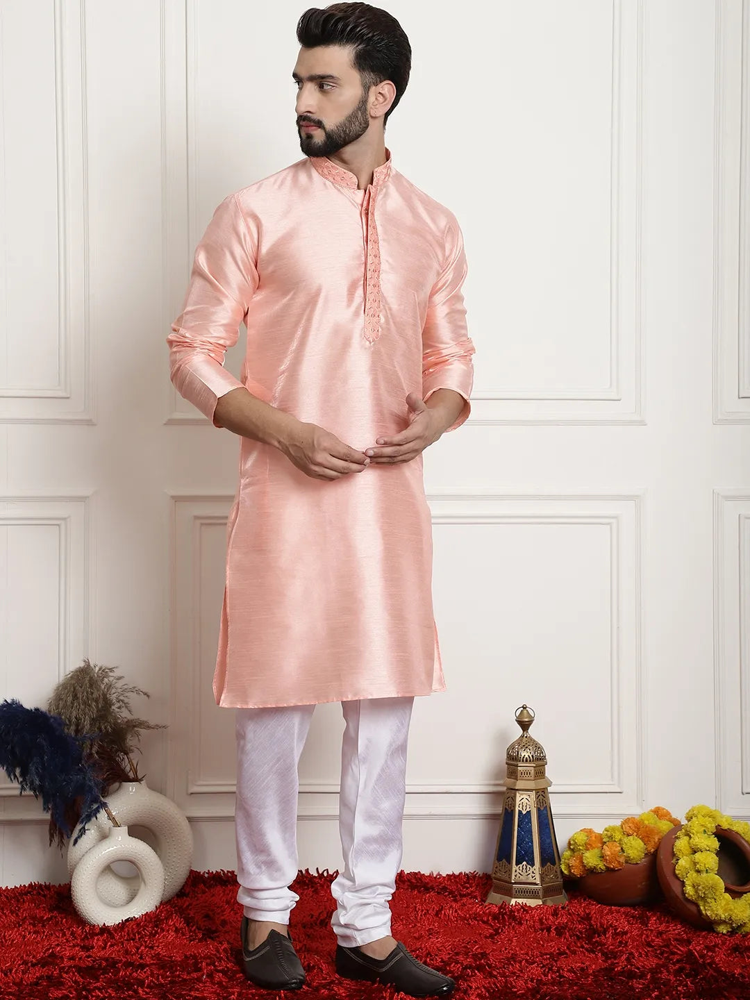 Peach Perfection Solid Plain Embroidered Kurta Pajama Set for Men – Effortless Elegance for Every Occasion