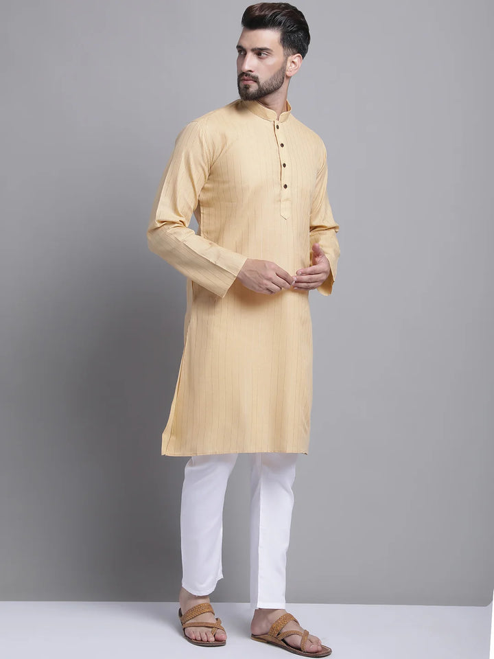 Men's Lining Cotton Regular Beige Kurta With Pyjamas.