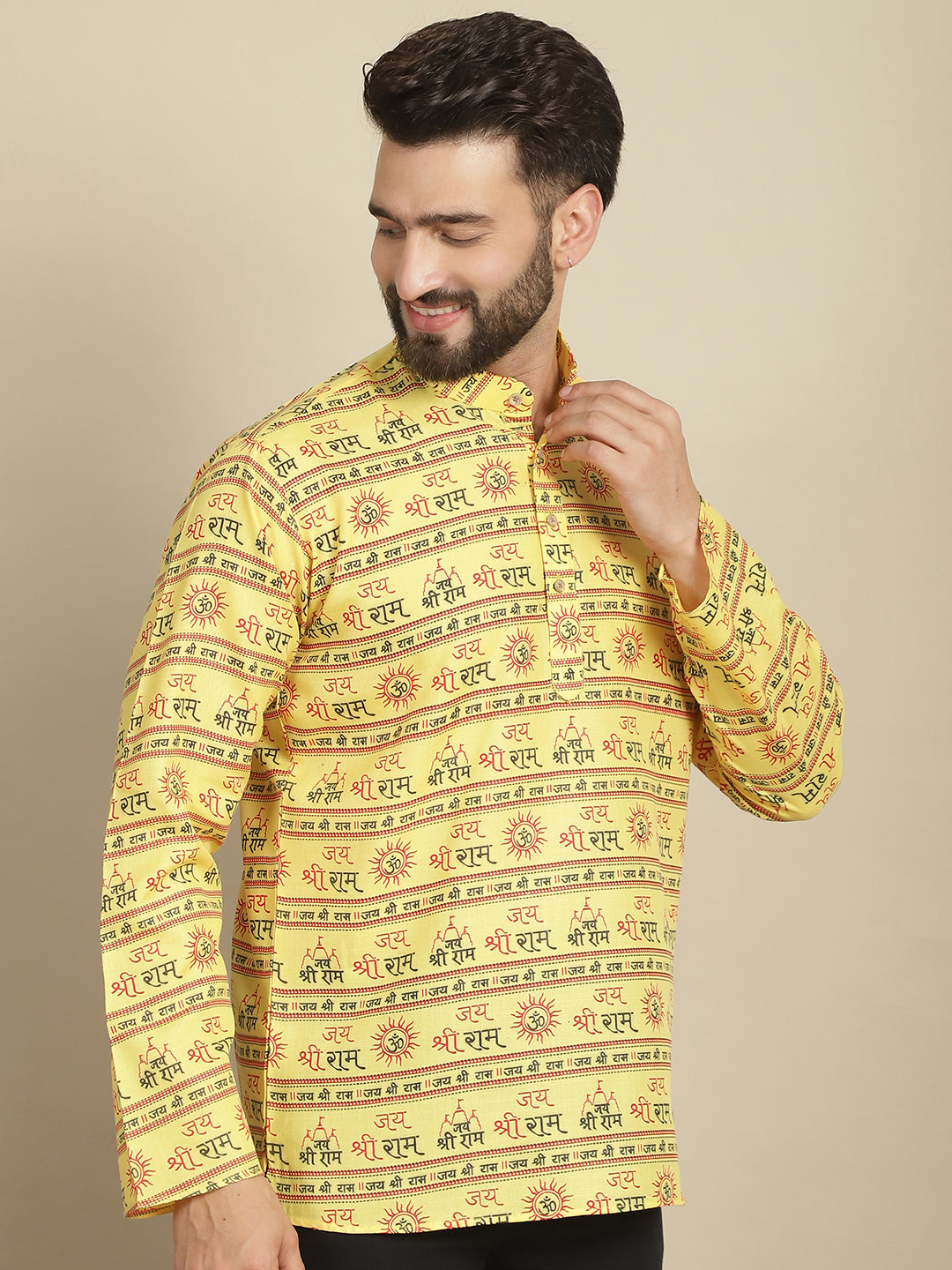 Yellow Jai Shree Ram Short Kurta for Men