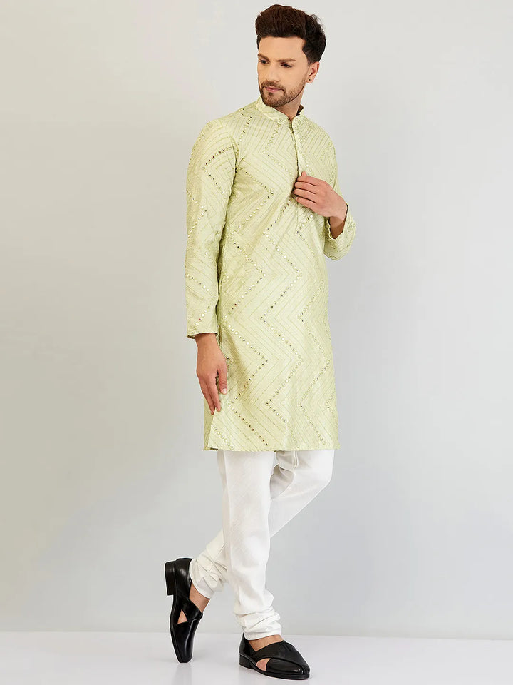 Pista Green Elegance Mirror Work Kurta and Churidar Set for Men - Reflecting Style with Traditional Flair