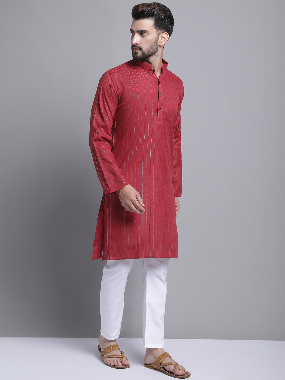 Men's Lining Cotton Regular Maroon Kurta With Pajamas.