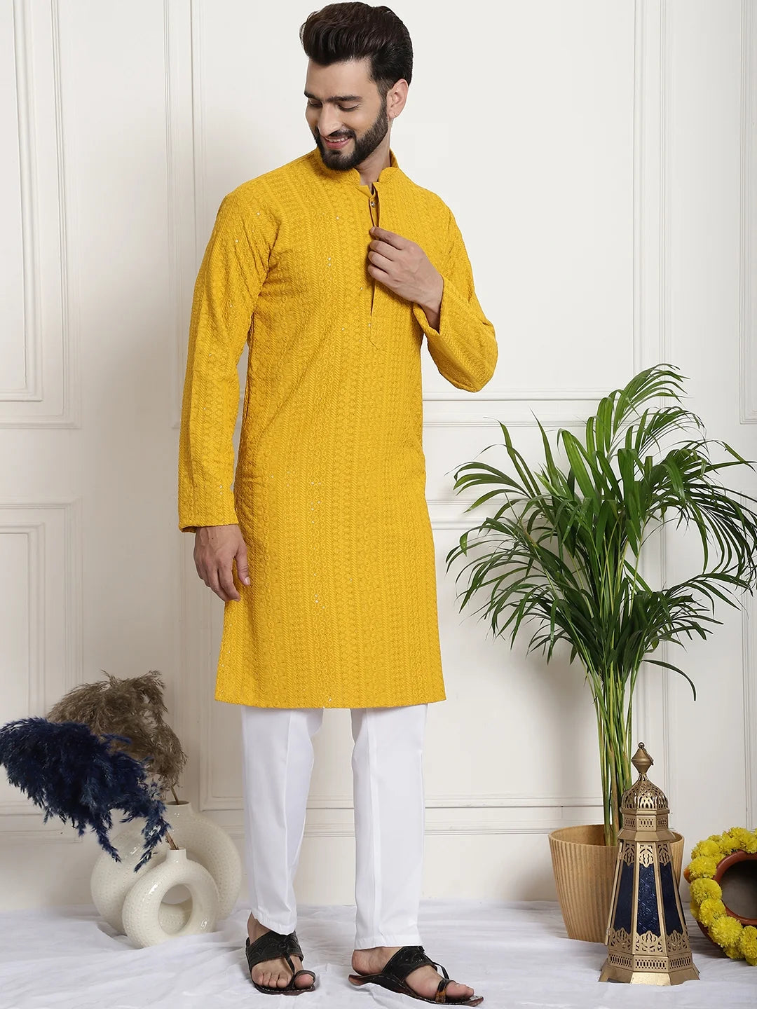 Men's Yellow Chikankari Embroidered & Sequence Kurta Pant Set