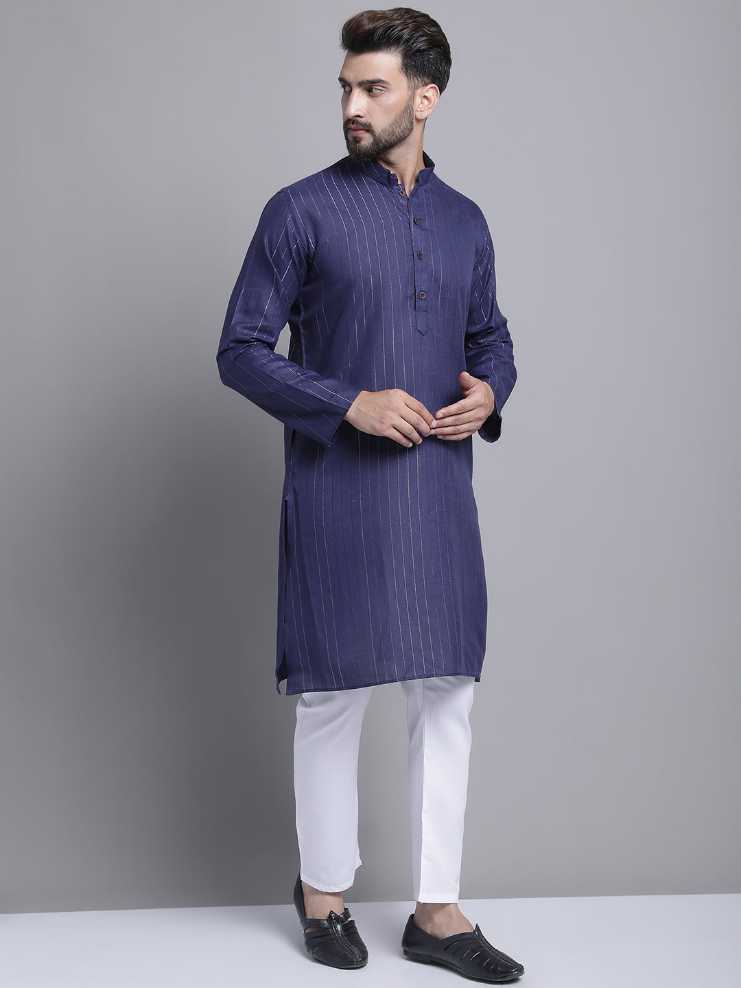 Men's Lining Cotton Regular Navy Blue Kurta With Pajamas.