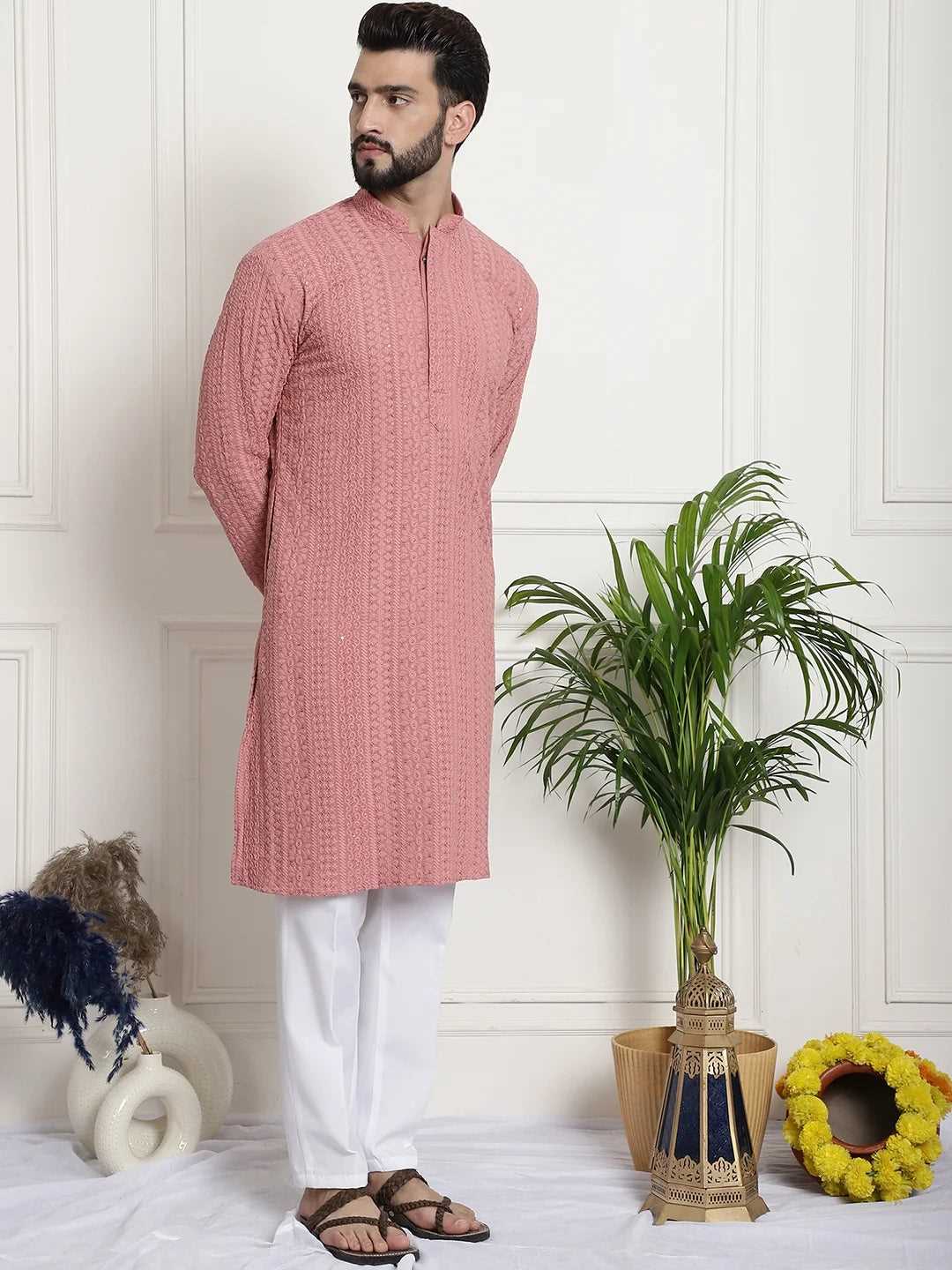 Men's Mauve Chikankari Embroidered & Sequence Kurta Pant Set